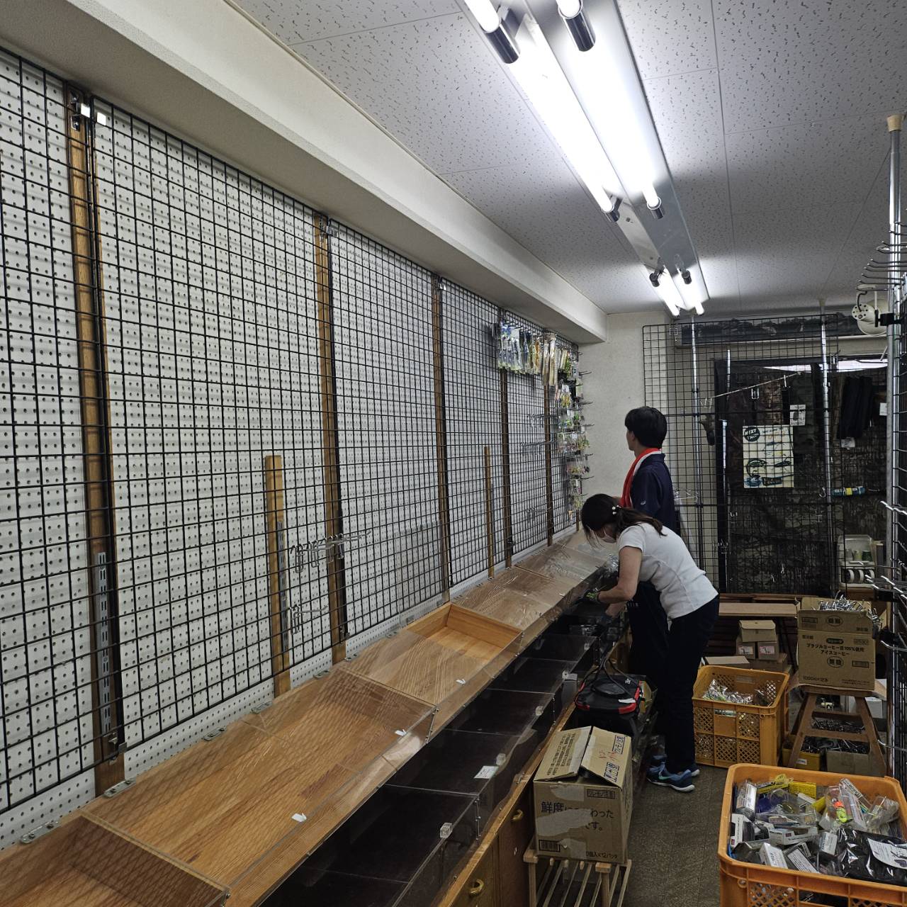 タックルボックスや収納ケースが並ぶ棚